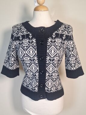 Jillian Jones Vintage  Fair Isle Short Sleeve Cardigan Knit Sweater Size M